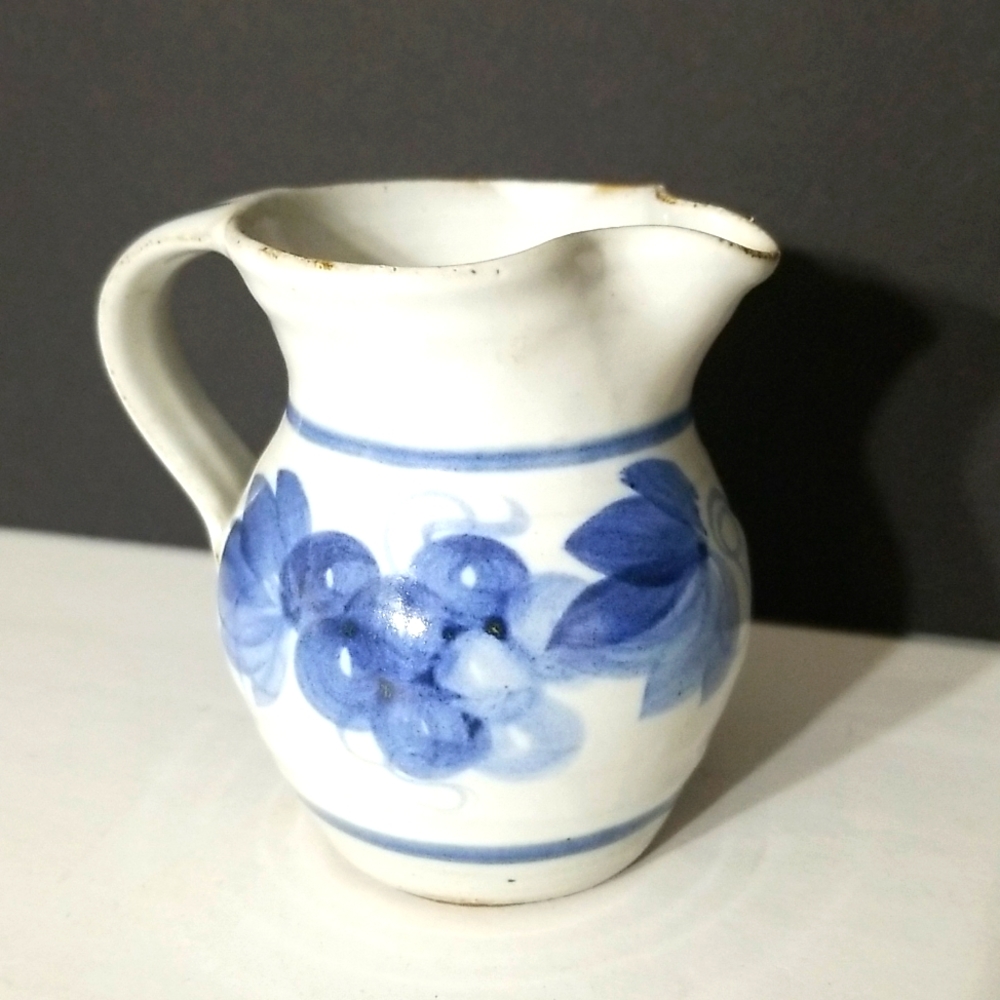 Small Art Pottery Creamer Pitcher with Blue Grape Vine Decoration